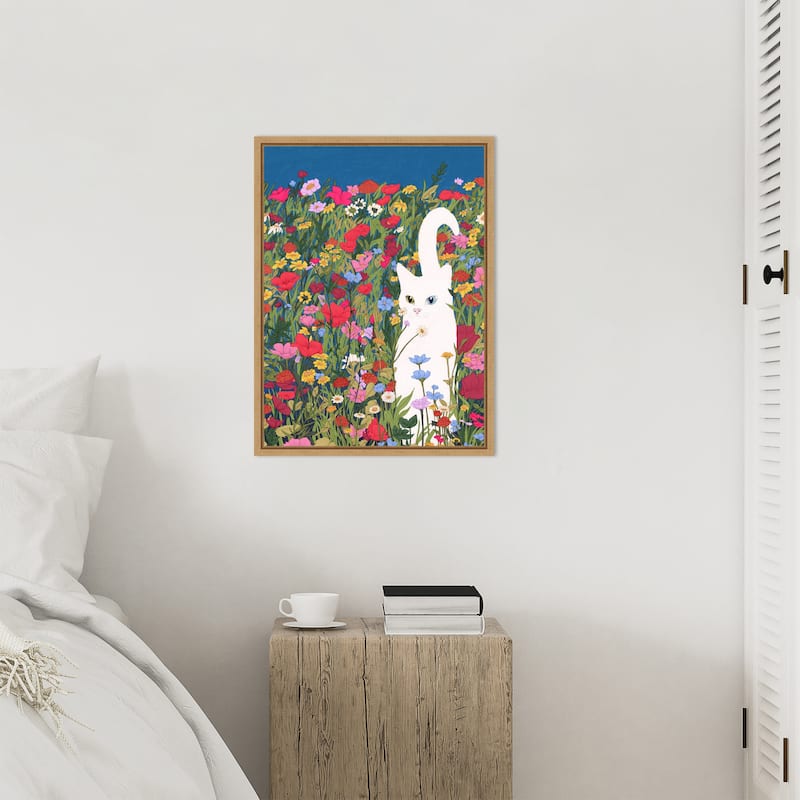 White Cat in the Wildflowers by Ec Mazur Framed Canvas Wall Art