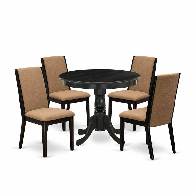 HomeStock 5-Piece Round Wirebrushed Black Finish Solid Wood Top Dining Table with 4 Parson Chair with Lattice Back