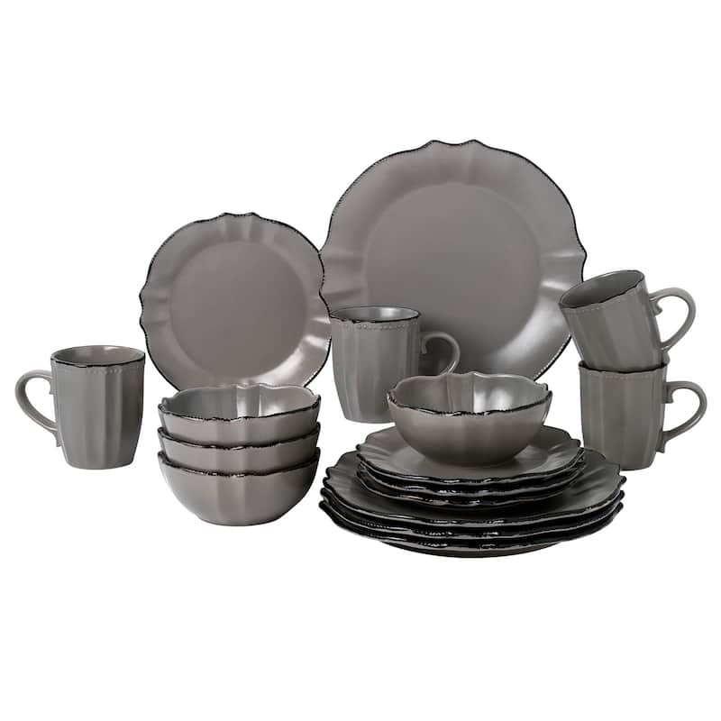 Lorren Home Trends 16 Piece Scalloped Edge Slate Grey Dinnerware