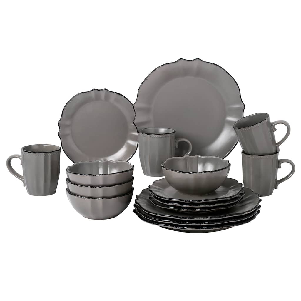 Lorren Home Trends 16 Piece Scalloped Edge Slate Grey Dinnerware