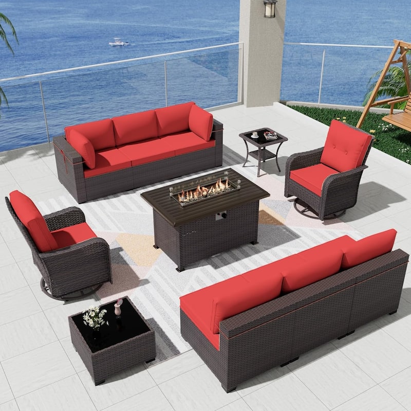 Patio Furniture Sectional Sofa Set, PE Rattan Swivel Rocking Chairs Patio Conversation Set - 11Pcs w/Swivel&Firepit - Red