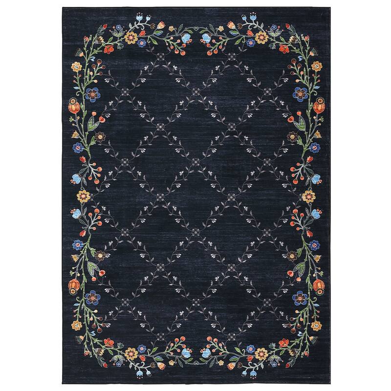 Floral Area Rugs for Living Room Low Pile Non Slip Rugs Washable Soft Foldable Accent Carpet Home Decor