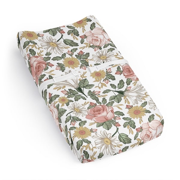 slide 2 of 6, Sweet Jojo Designs Blush Pink Yellow Vintage Floral Boho Girl Changing Pad Cover Sheet White Bohemian Shabby Chic Farmhouse Rose