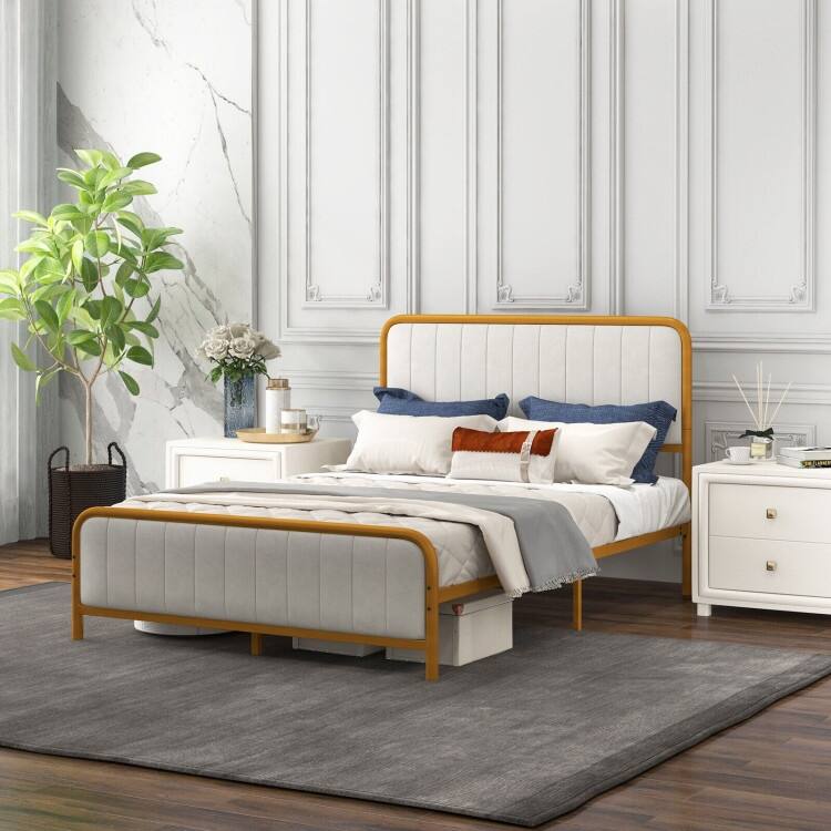 Upholstered Gold Platform Bed Frame with Velvet Headboard