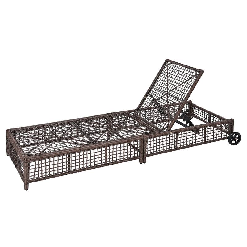 Outdoor Lounge Chair Set of 2, Patio Chaise Lounge with 5-Position Backrest, Rattan Outdoor Lounge Chair with Cushion and Wheels