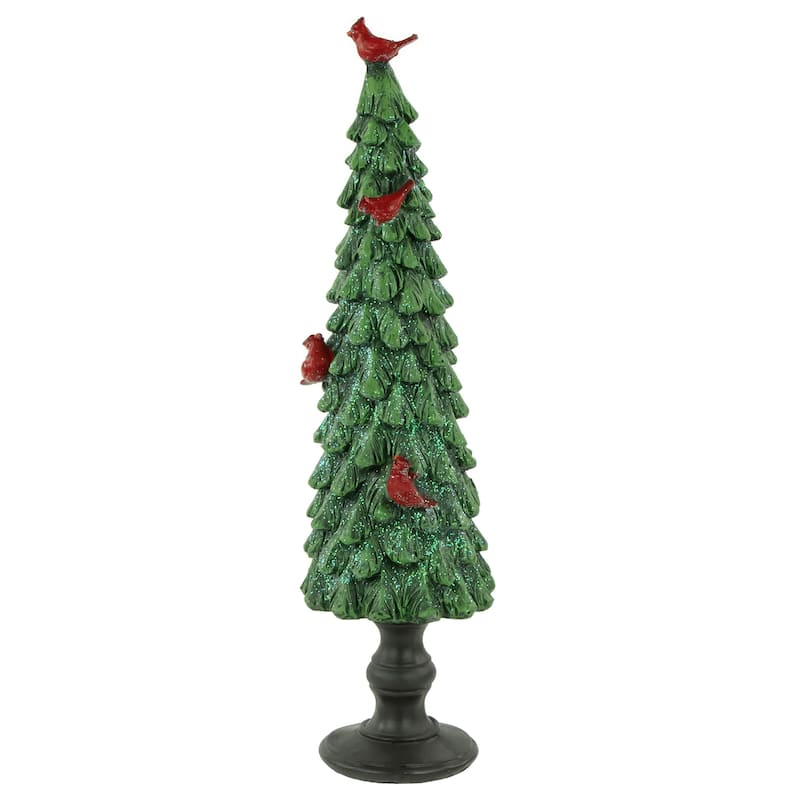 14.5" Green Glittered Christmas Tree With Red Cardinals Decoration