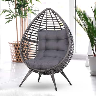 Outsunny Patio Wicker Egg Chair w/ Soft Cushion, Teardrop Cuddle Seat, Outdoor / Indoor Patio Chair