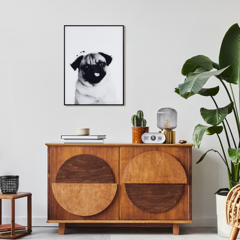 "Pug" Black and White Pet Paintings on Printed Glass Encased with a Black Anodized Frame