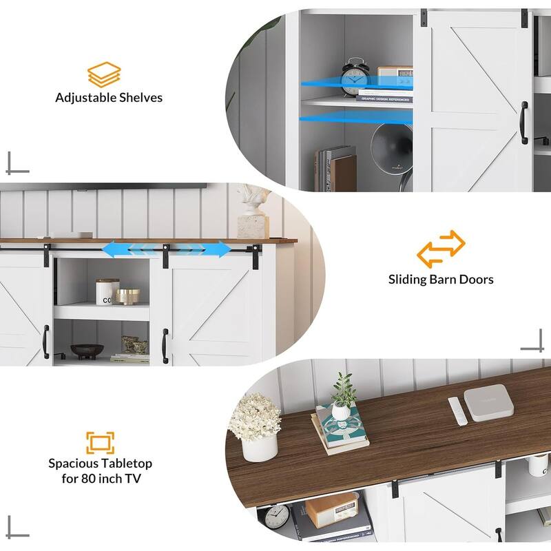 Farmhouse TV Stands, with Adjustable Shelves & Sliding Barn Door
