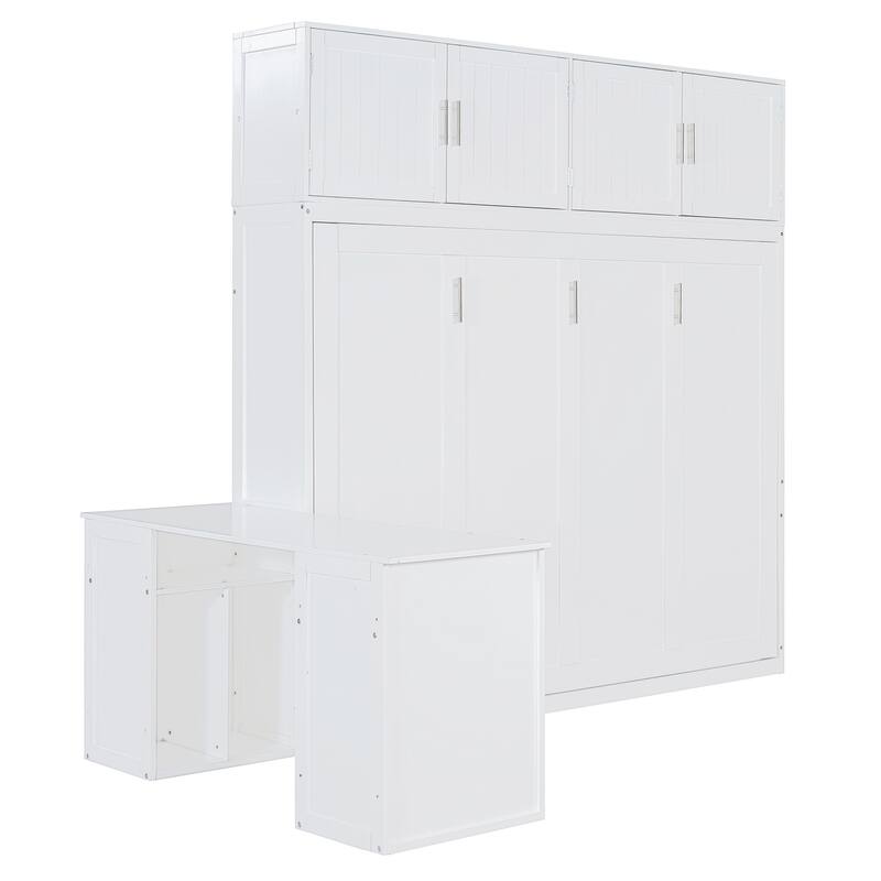 Queen Size Murphy Bed with Storage Shelves and 2 Storage Cabinets, Wooden Foldable Wall Bed Frame with Desk & Hydraulic Lift