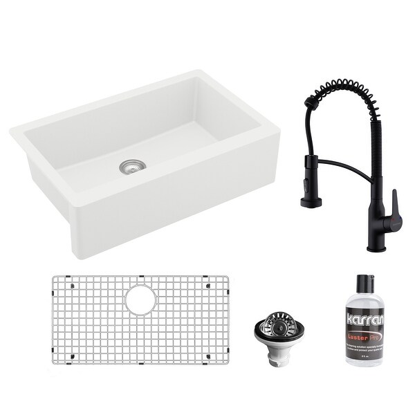 Karran All-in-One Apron Front/Farmhouse Quartz 34-in Single Bowl Kitchen Sink in White with Faucet KKF210 in Matte Black. Opens flyout.
