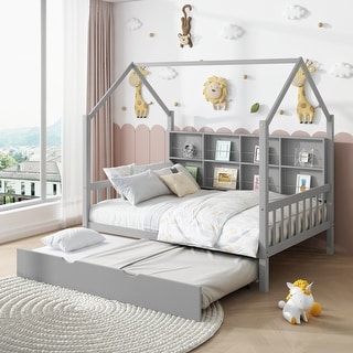 Full Size Grey Wooden House Bed, Kids Bed with Trundle and Shelf - On ...