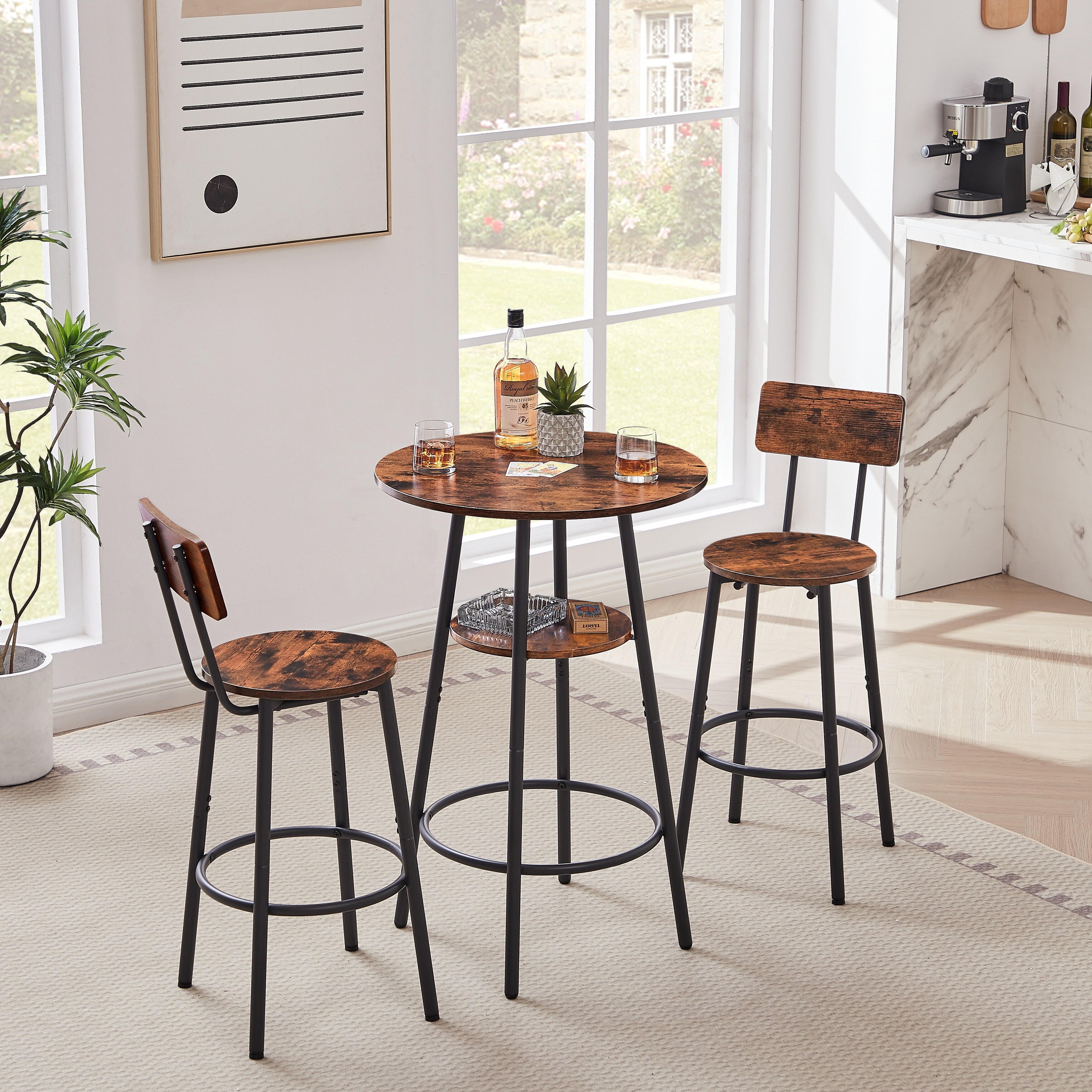 3 Pcs Round Bar Table Stool Set with Storage Shelf 2 Bar Stool with Backrest Retro Style Metal Bar Kitchen Furniture Set for 2 Bed Bath Beyond 39424449