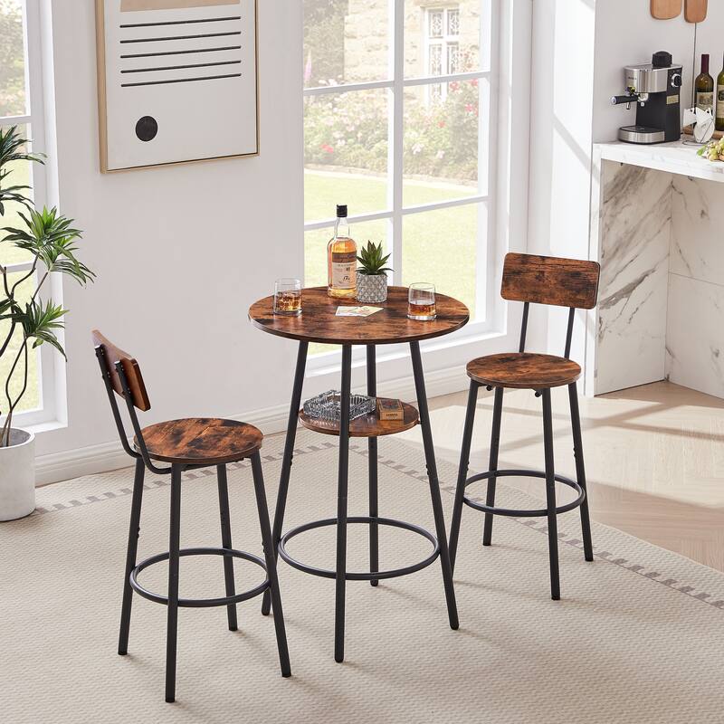 3-Piece Metal Frame Bar Dining Table Set with 2 Stools & Round Table - Rustic Brown