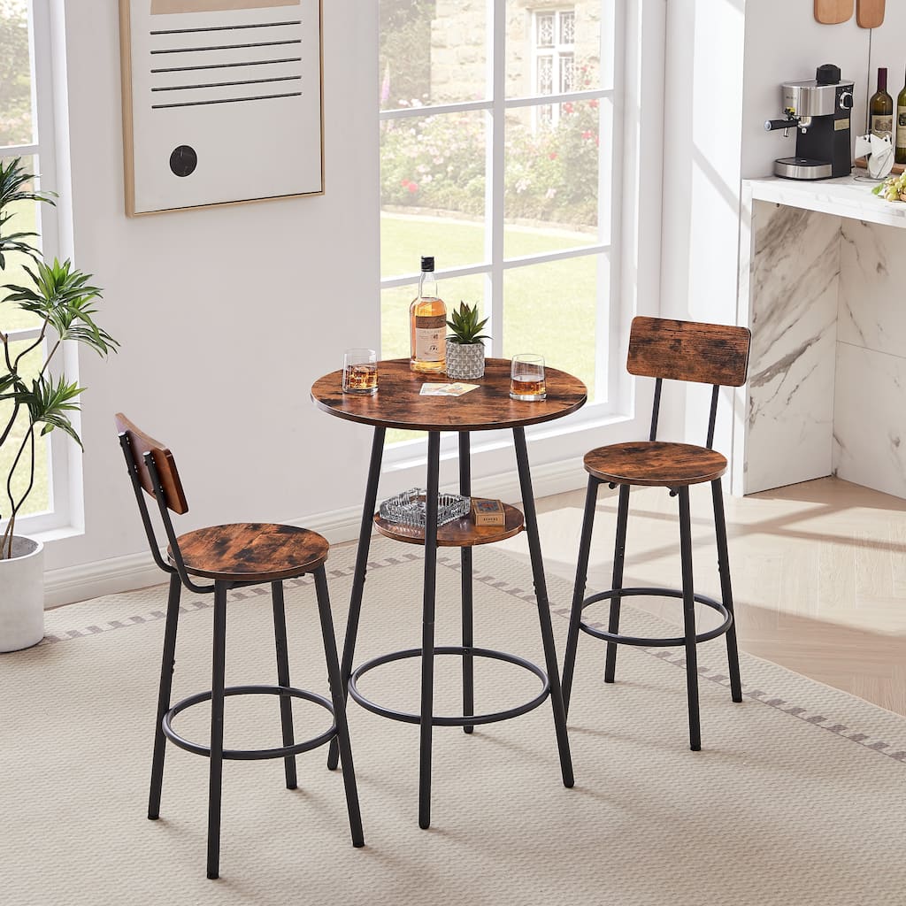 3-Piece Metal Frame Bar Dining Table Set with 2 Stools & Round Table
