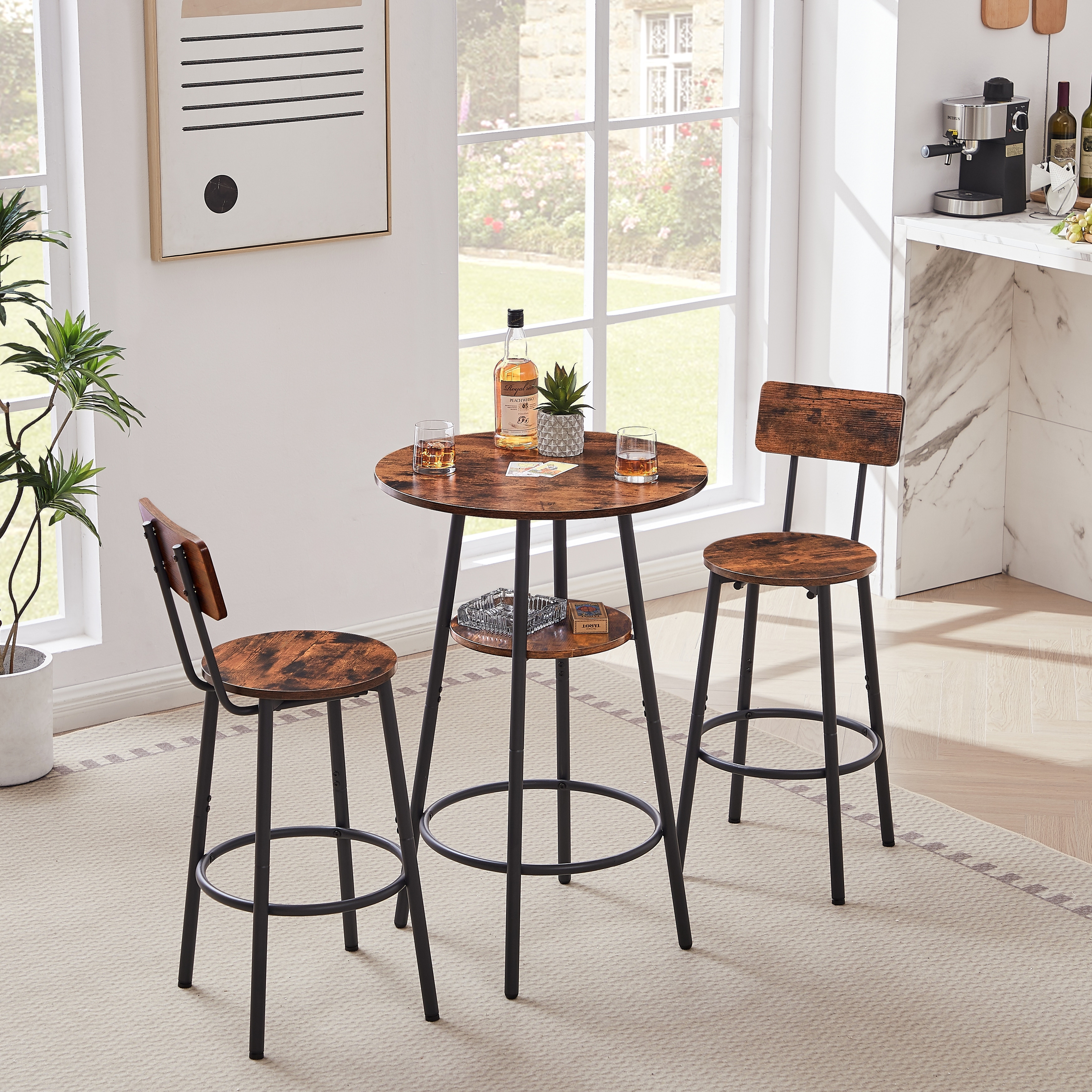 3 Pieces Round Bar Height Table and Chairs Set, Round Dining Table Set for Small Space, 2 Tier Kitchen Table and Bar Stools Set