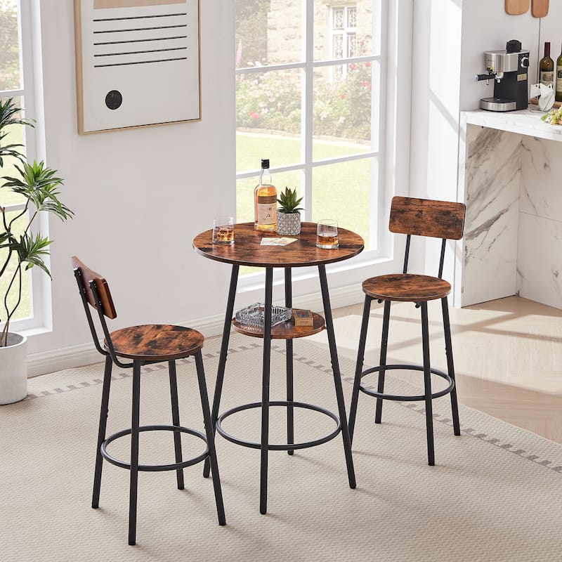 3 Pieces Round Bar Height Table and Chairs Set, Round Dining Table Set for Small Space, 2 Tier Kitchen Table and Bar Stools Set - Rustic Brown