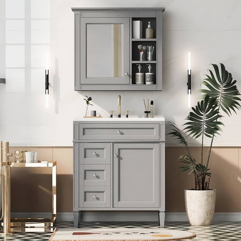 Plywood Freestanding Bathroom Vanity Set in Maple with Mirror Cabinet - 30" x 18" - Grey