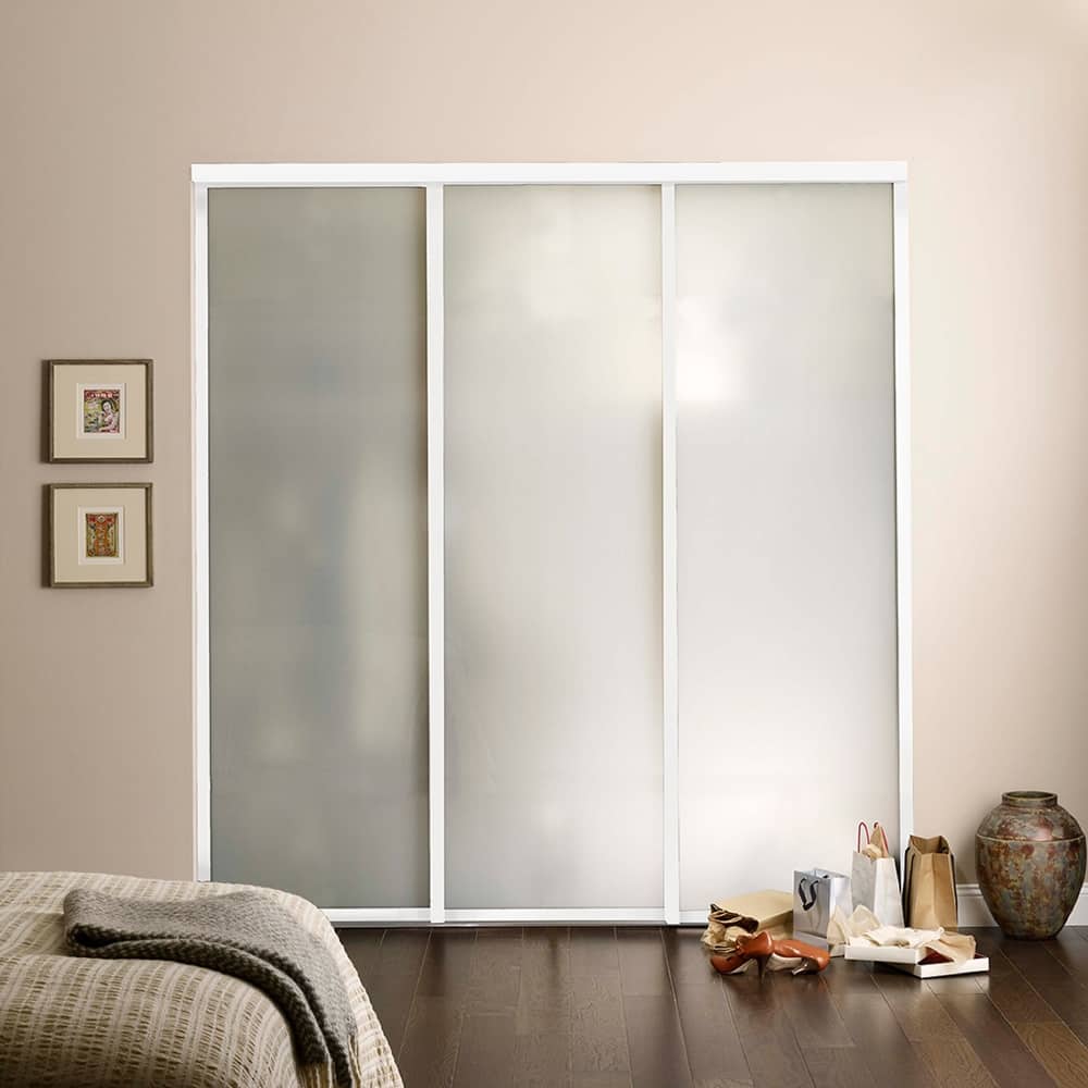 THE SLIDING DOOR COMPANY 3 Panel, Sliding Closet Doors, Frosted Glass, Aluminum Frame on triple track.