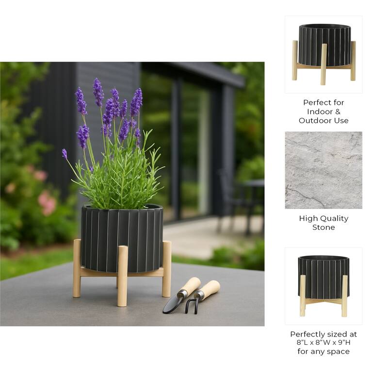 Ceramic Fluted Planter with Wood Stand - Black