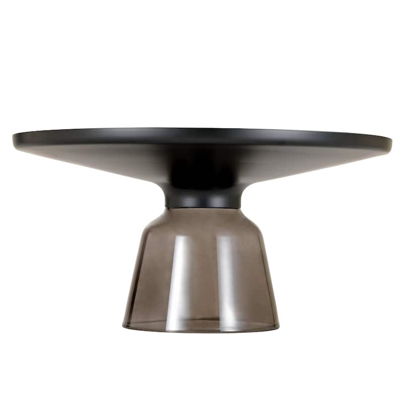 30-Inch Round Coffee Table Glass/Stone Tabletop with Black Iron Rim Frame Glass Pedestal Base