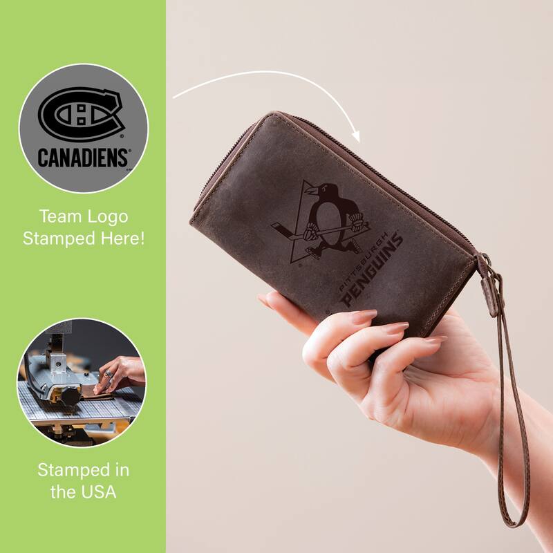 Brown Leather Cell Phone Wristlet Wallet, Montreal Canadiens - 4" x 7"