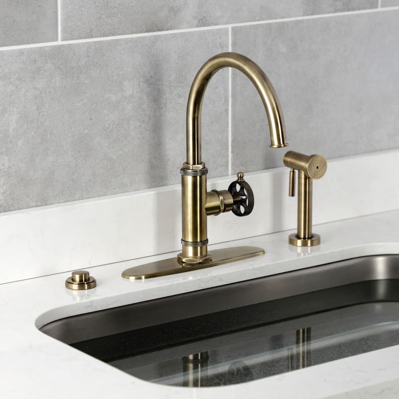 Kingston Brass Webb Single-Handle 1-Hole Deck Mount Kitchen Faucet with Knurled Handle and Brass Side Sprayer