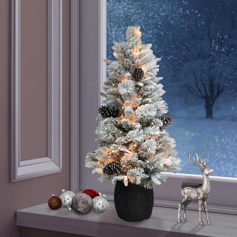 Puleo International 3.5' Pre-Lit Flocked Artificial Christmas Tree - Green