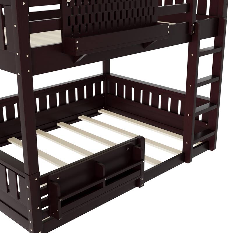 Wooden Bunk Bed of 3 Kinds Size with Pegboard, Bookshelf and Guardrails, Detachable Bunk Bed Convertible 2 Platform Beds