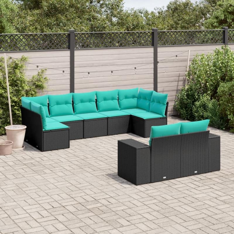 vidaXL 9 Piece Patio Sofa Set with Cushions Black Poly Rattan - 24.4 x 24.4 x 27.2-With table