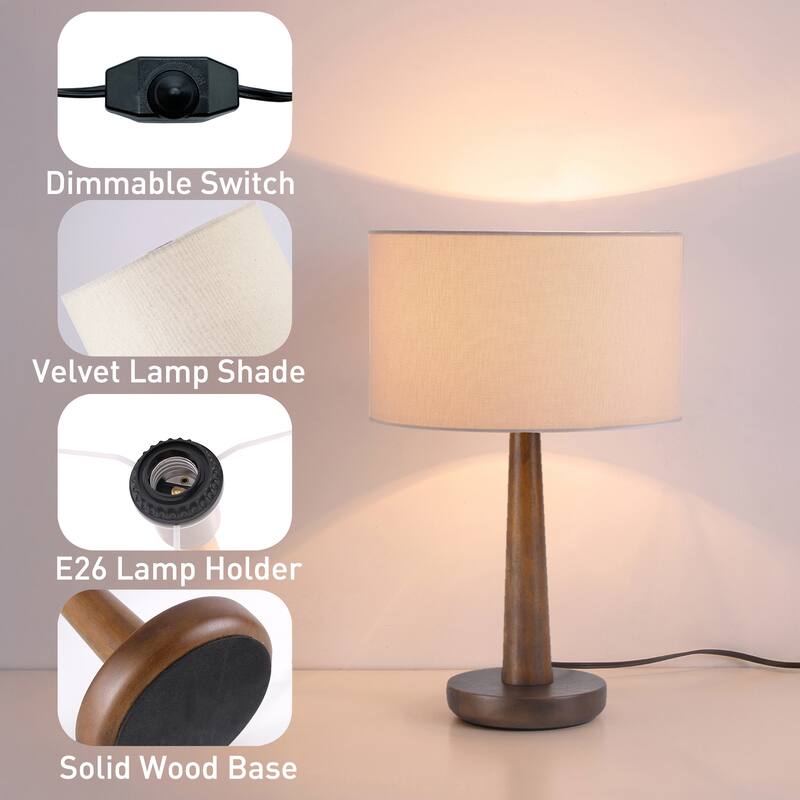 18.5 in. Retro Walnut Wooden Table Lamp with Velvet Shade and Solid Wood Base