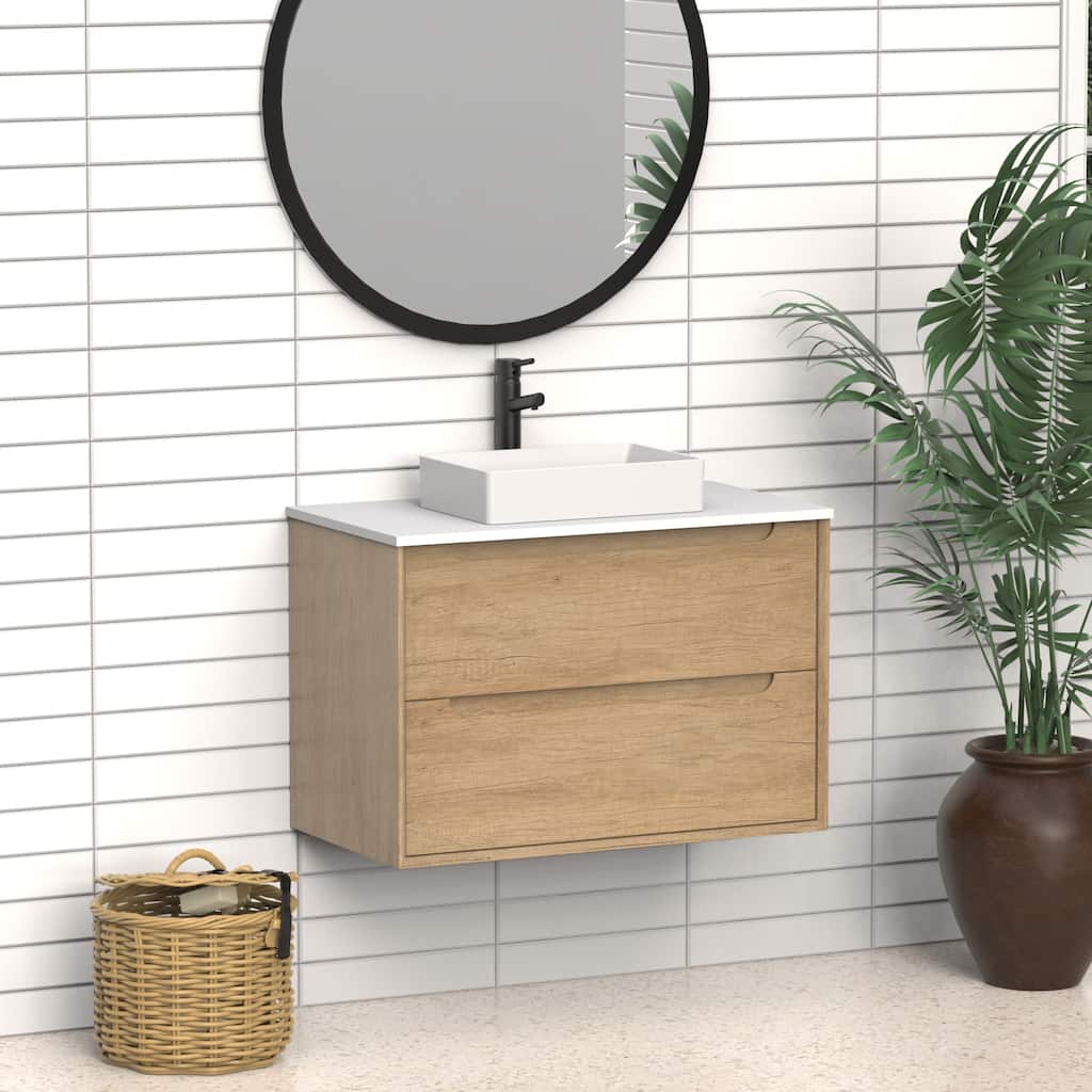 36" Solid Wood Bathroom Vanity with White Quartz Countertop Ceramic Square Sink