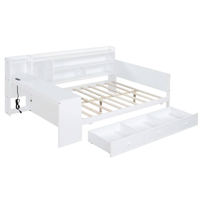 Twin/Full Daybed with 3 Storage Drawers and Bedside Desk, Wooden Day Bedframe Sofa Bed with Storage Shelves and USB Ports