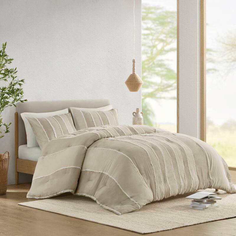 GDF Studio - Marceline Striped Cotton 3-Piece Comforter Set with Clip Jacquard Trim