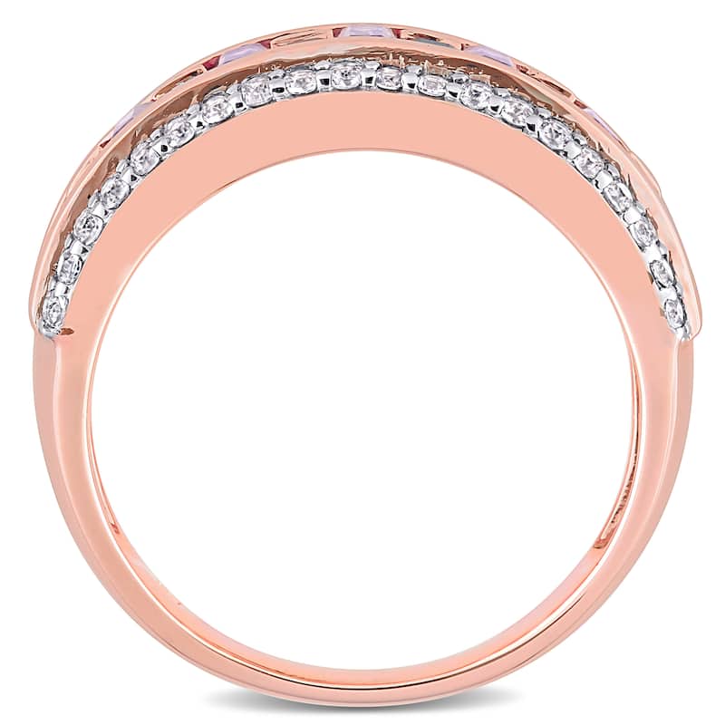 Miadora 10k Rose Gold African-Amethyst Rose de France and White Topaz Mosaic Semi-Eternity Ring