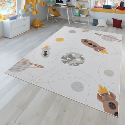 Space Kids Rug Non-Slip Play Mat with Rockets and Planets