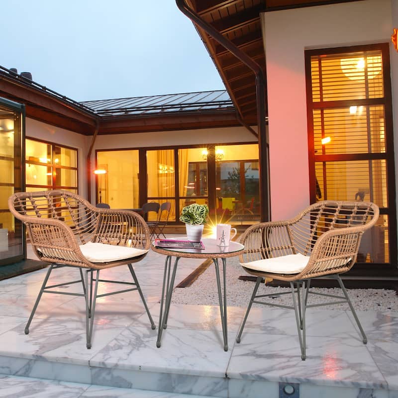 3 Piece Outdoor Wicker Furniture Patio Bistro Set With Cushions for Porch Poolside Garden - 21.2"L x 23.6"W x 31.5"H