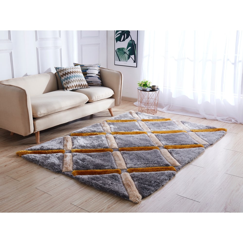 Mateos Shag Collection Grey/Gold Geometric Area Rug