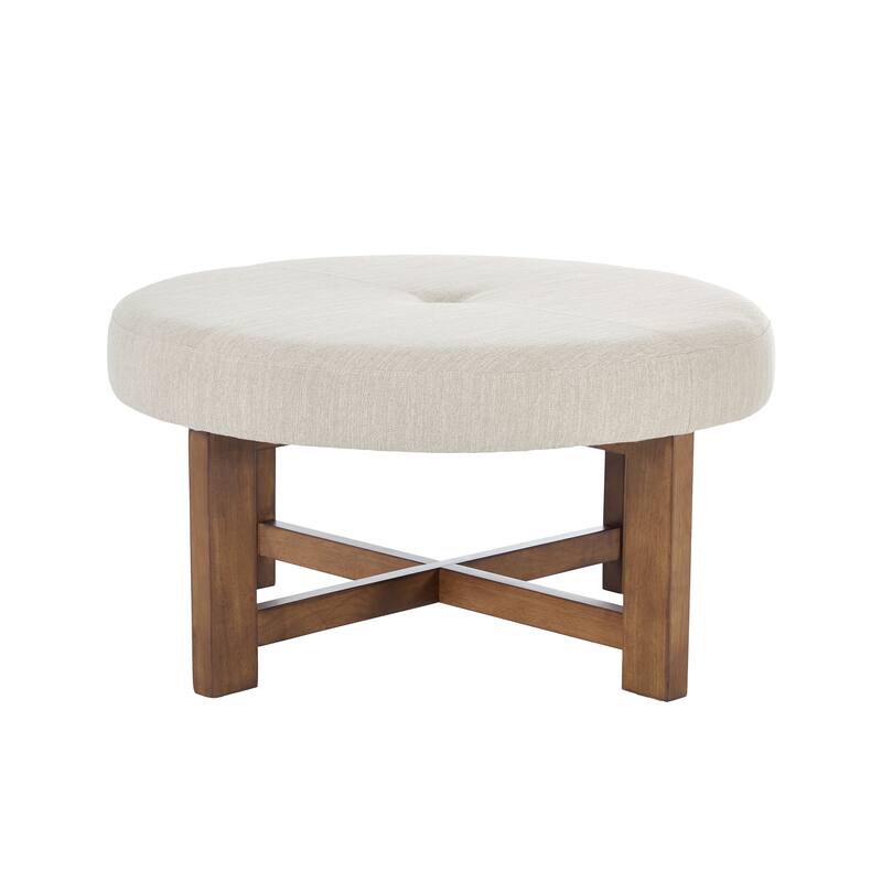 Christopher Knight Home - Marlowe Modern Round Faux Leather Ottoman Coffee Table with Tufted Top and Wood Base
