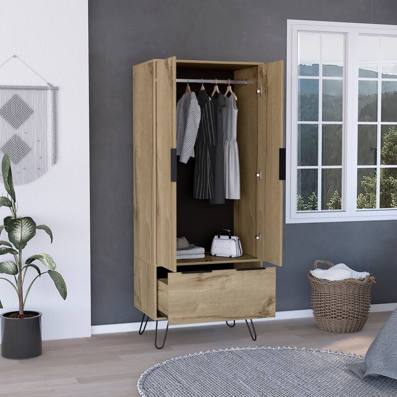 20.08" Modern Double-door Armoire with Hanging Rod and One Drawer and for Bedroom