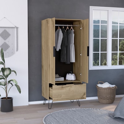 Oak Particle Board 2-door Cabinet with Hairpin Legs, Bedroom Rectangle Armoire with Drawer and Hanging Rod