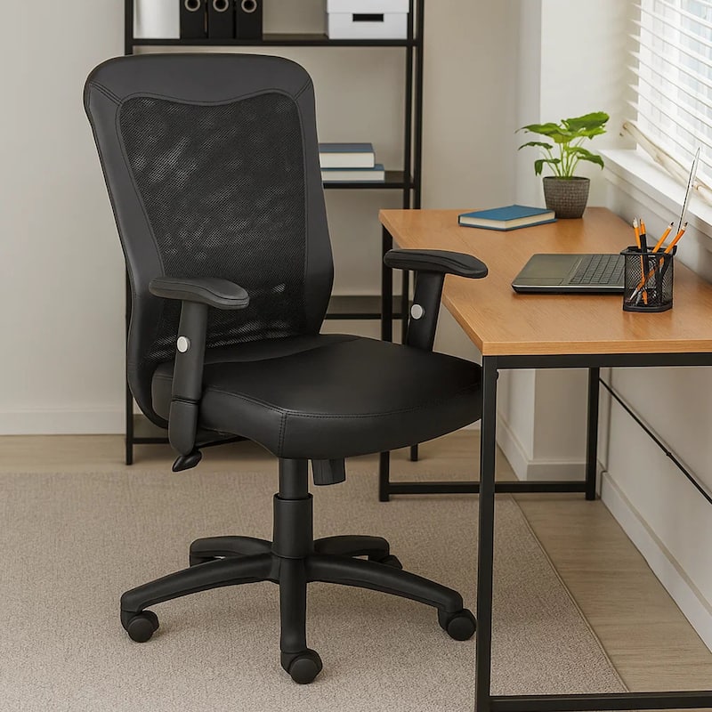 Rolling Task Chair, Black LeatherPlus Mesh, Adjustable Arms, Swivel