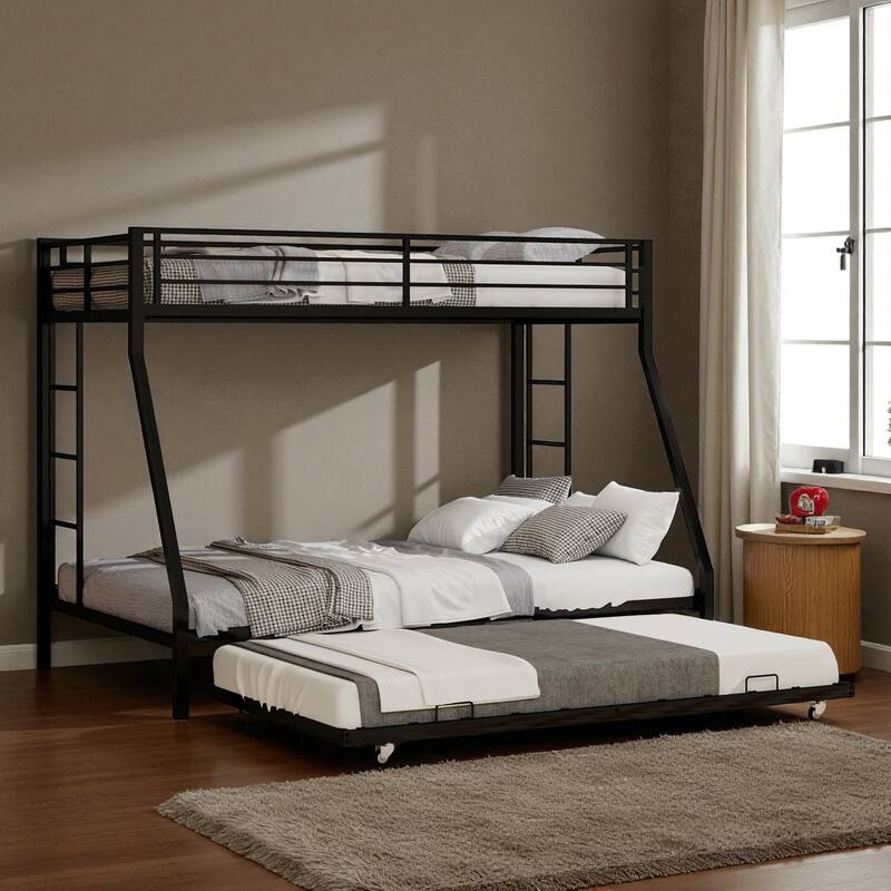 Full Size Metal Bunk Bed with Ladder and Rolling Trundle, Square Tube Frame, Heavy-Duty Triple-Sleeper for Home or Dorm