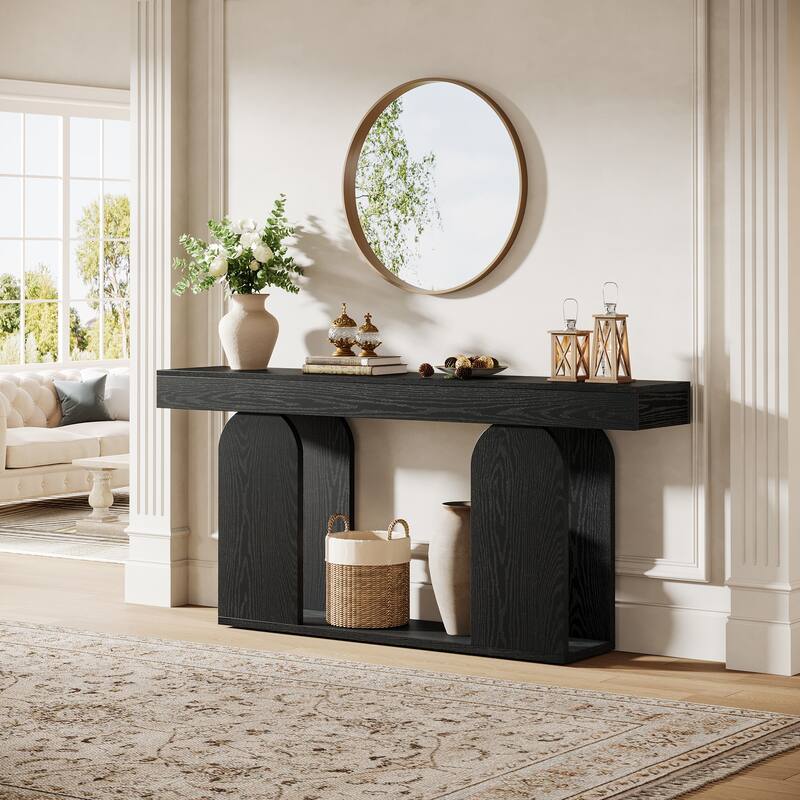 Industrial Wood Entryway Console Table with Dual Storage Shelves
