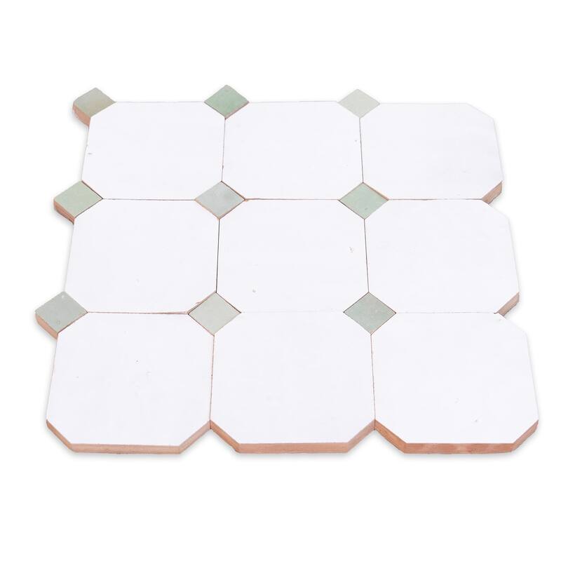 Contemporary Zellige Panels,12''x12''x0.5'' White with Sea Green Accents