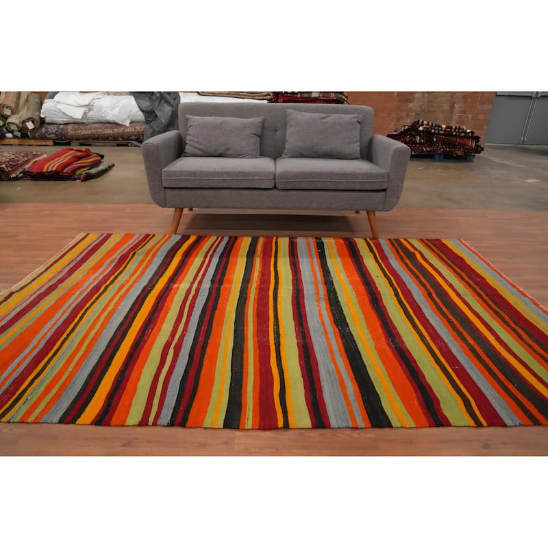 Hand Woven Oriental 100% Wool Carpet Southwestern Geometric Multi-Colored Kilim Area Rug - 8' 4'' X 5' 5''