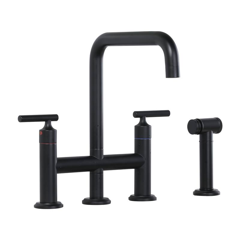 WOWOW Double Handle Bridge Kitchen Faucet with Side Sprayer - Matte Black