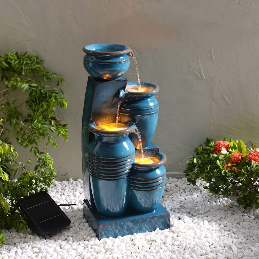 Teamson Home 28.74" 4-Tier Outdoor Fountain with LED Lights, Solar Powered, Weather-Resistant Faux Stone for Garden & Patio