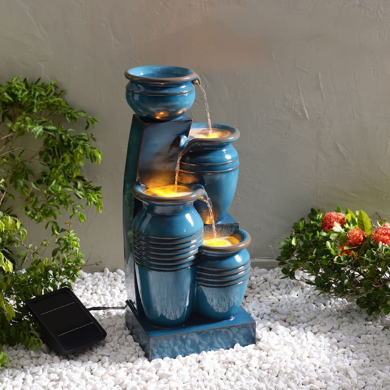 Teamson Home 28.74" 4-Tier Outdoor Fountain with LED Lights, Solar Powered, Weather-Resistant Faux Stone for Garden & Patio