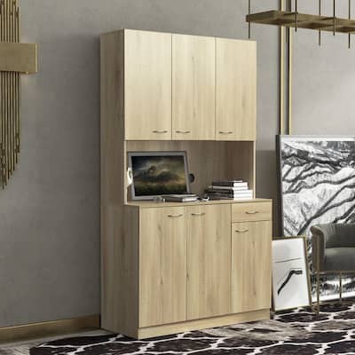 70.87" Tall Wardrobe and Kitchen Cabinet with 6-Doors, 1-Open Shelves and 1-Drawer for Bedroom, Includes Hanging Rod